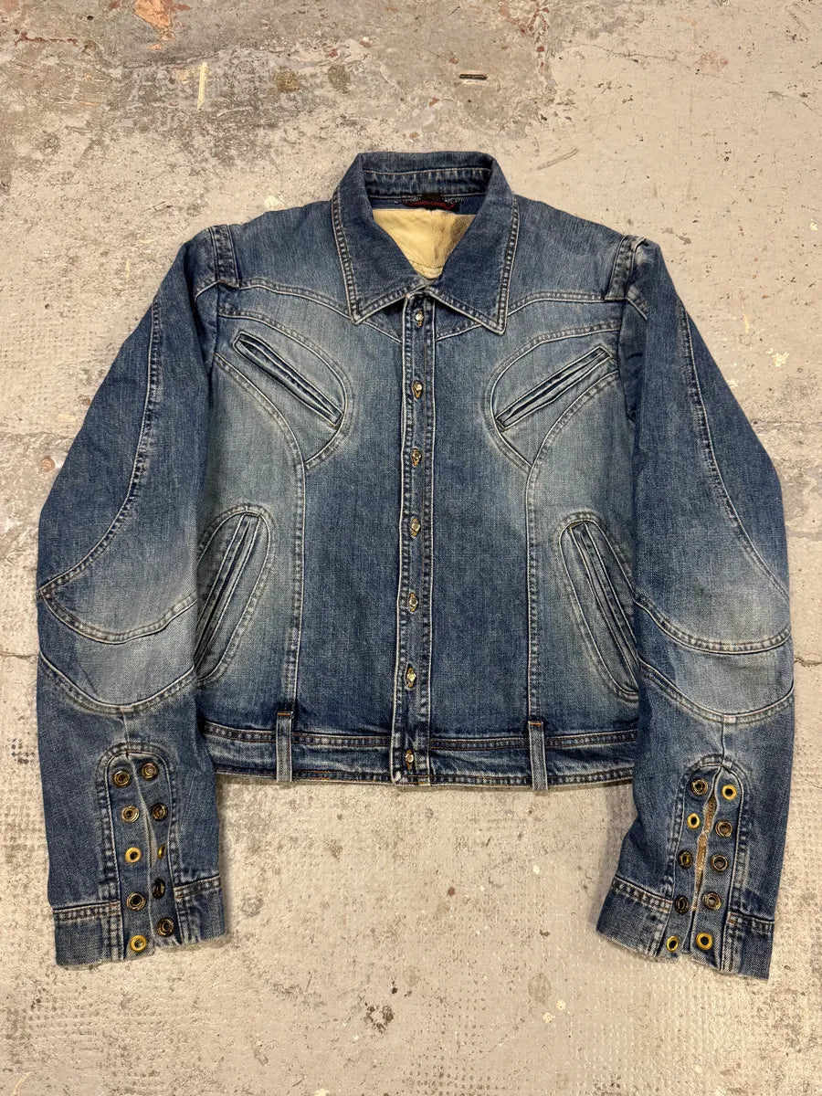 SS2002 Roberto Cavalli Futurist Biker Denim Jacket kmXKeRN 0