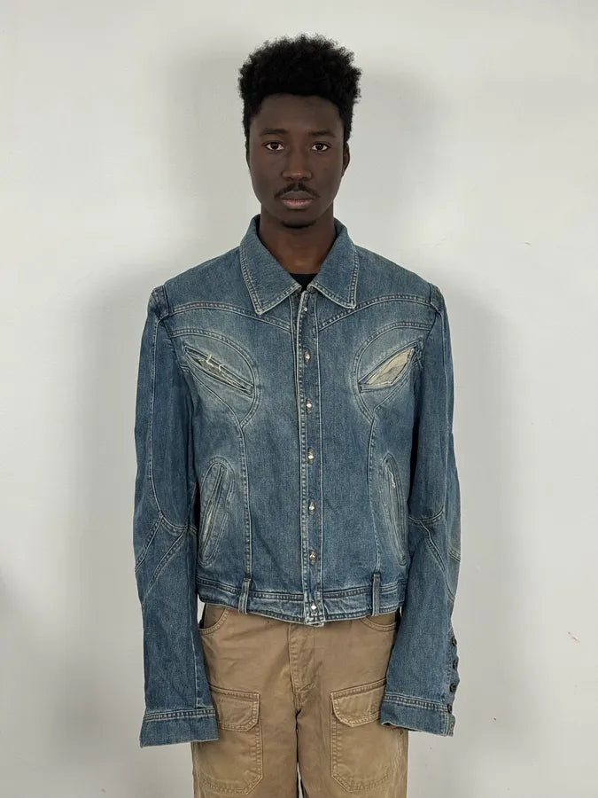 SS2002 Roberto Cavalli Futurist Biker Denim Jacket kmXKeRN 1