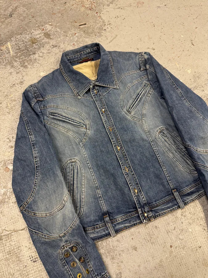 SS2002 Roberto Cavalli Futurist Biker Denim Jacket kmXKeRN 4