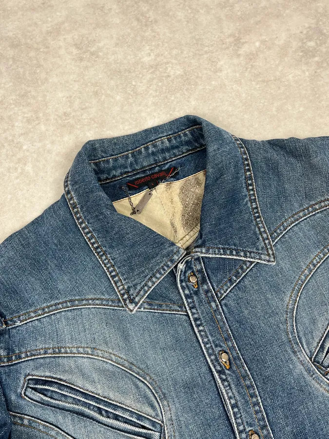 SS2002 Roberto Cavalli Futurist Biker Denim Jacket kmXKeRN 4