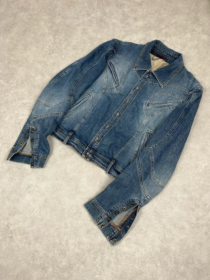SS2002 Roberto Cavalli Futurist Biker Denim Jacket kmXKeRN 5