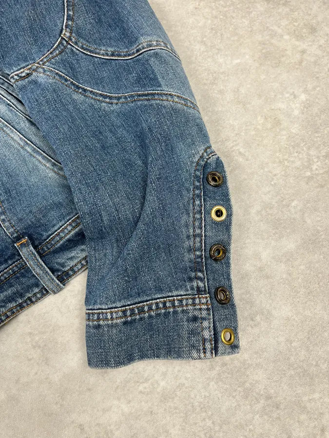 SS2002 Roberto Cavalli Futurist Biker Denim Jacket kmXKeRN 8