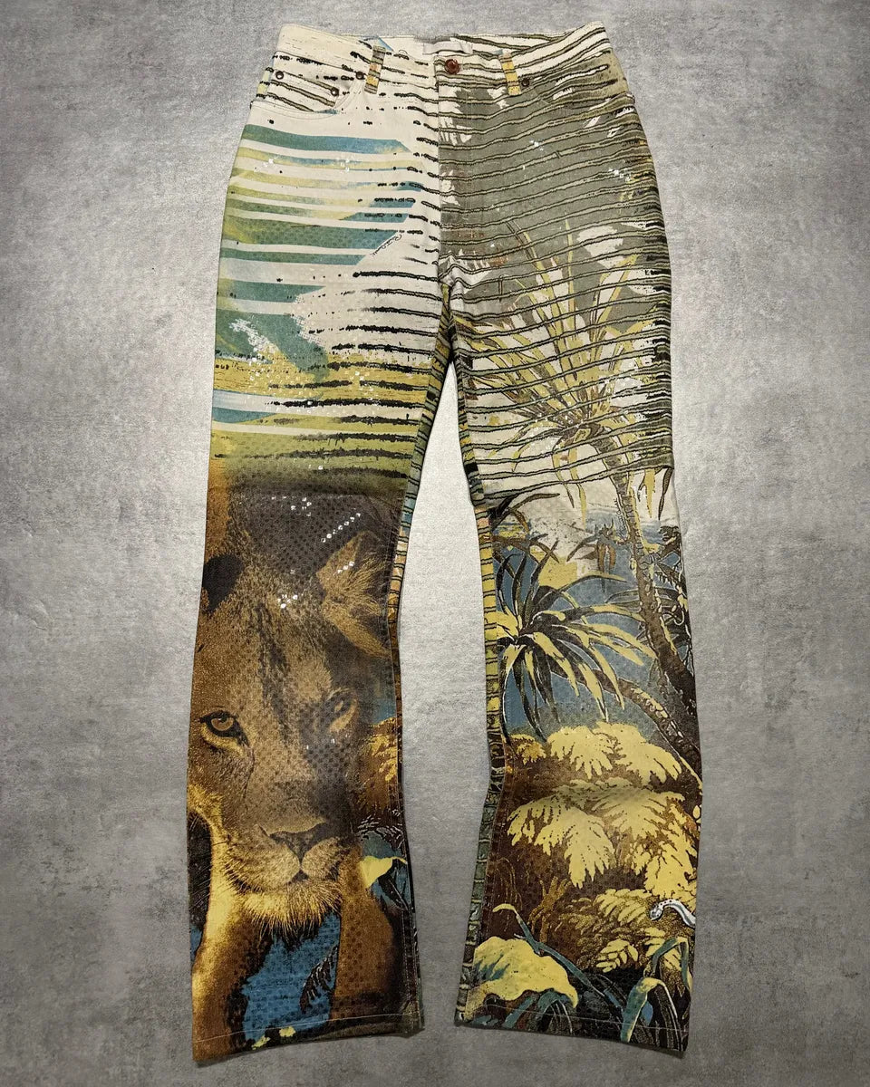 SS2002 Roberto Cavalli Lion Savage Relaxed Summer Pants ZafOVgJ 0
