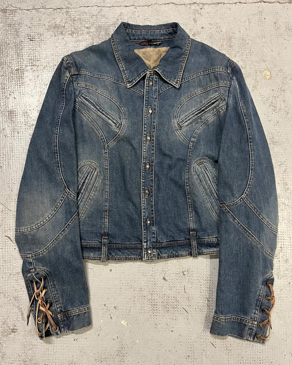 SS2002 Roberto Cavalli Structured Laced Arm Blue Denim Jacket rvbYRgC 0