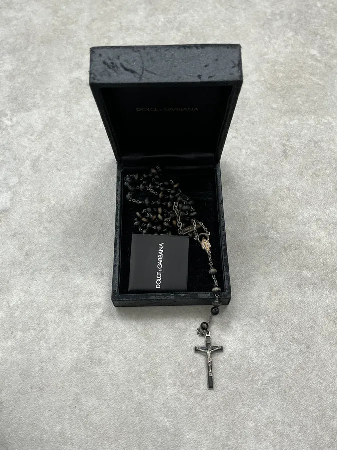 SS2003 Dolce & Gabbana Black & Brown Pearl Rosary Cross Necklace fjBCRRp 2