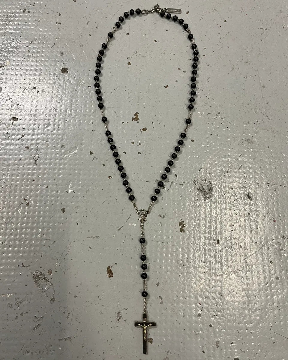 SS2003 Dolce & Gabbana Black Pearl Rosary Cross Silver Necklace EXkdEXW 0
