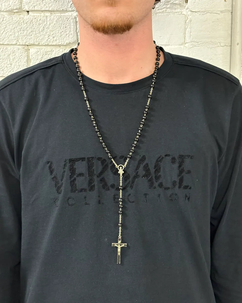 SS2003 Dolce & Gabbana Black Pearl Rosary Cross Silver Necklace EXkdEXW 1