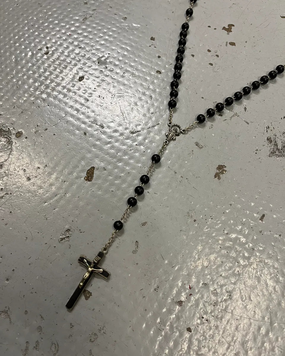SS2003 Dolce & Gabbana Black Pearl Rosary Cross Silver Necklace EXkdEXW 2