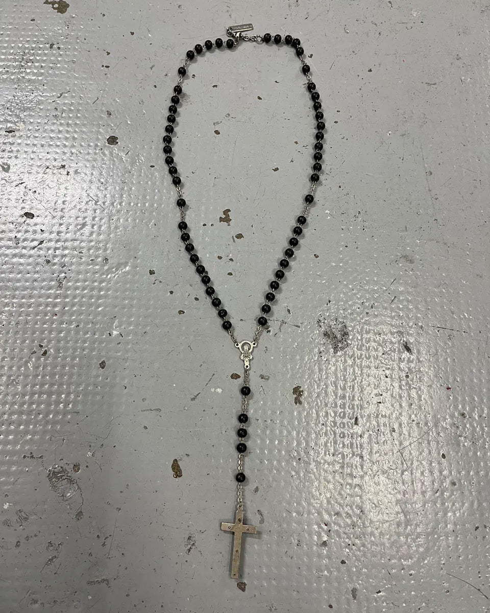 SS2003 Dolce & Gabbana Black Pearl Rosary Cross Silver Necklace EXkdEXW 4