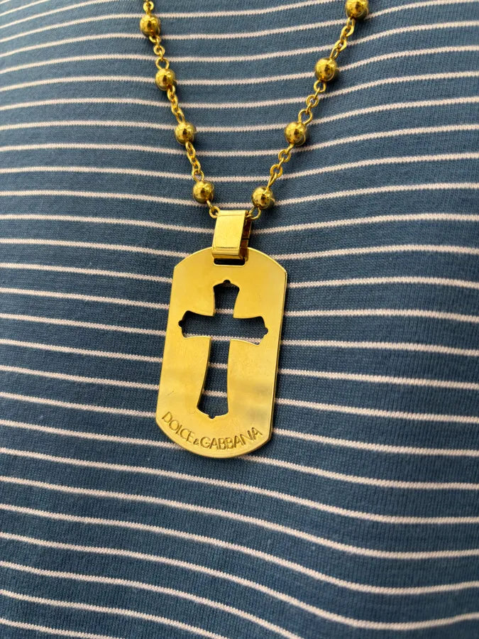 SS2003 Dolce & Gabbana Gold-Tone Cross Dog Tag Necklace aBrKTNG 3