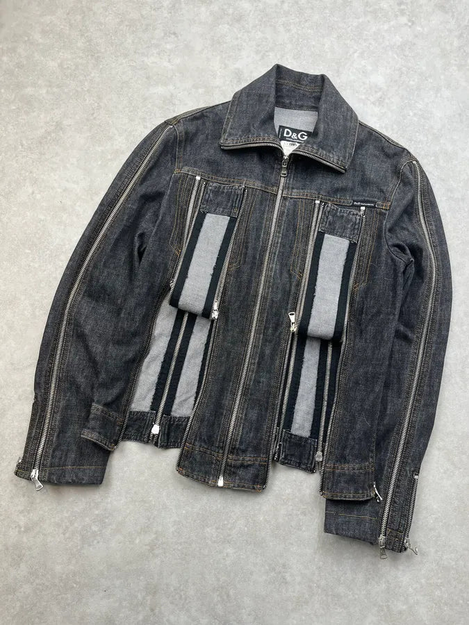 SS2003 Dolce & Gabbana Grey Raw Multi Zip Denim Jacket XinzVzU 5