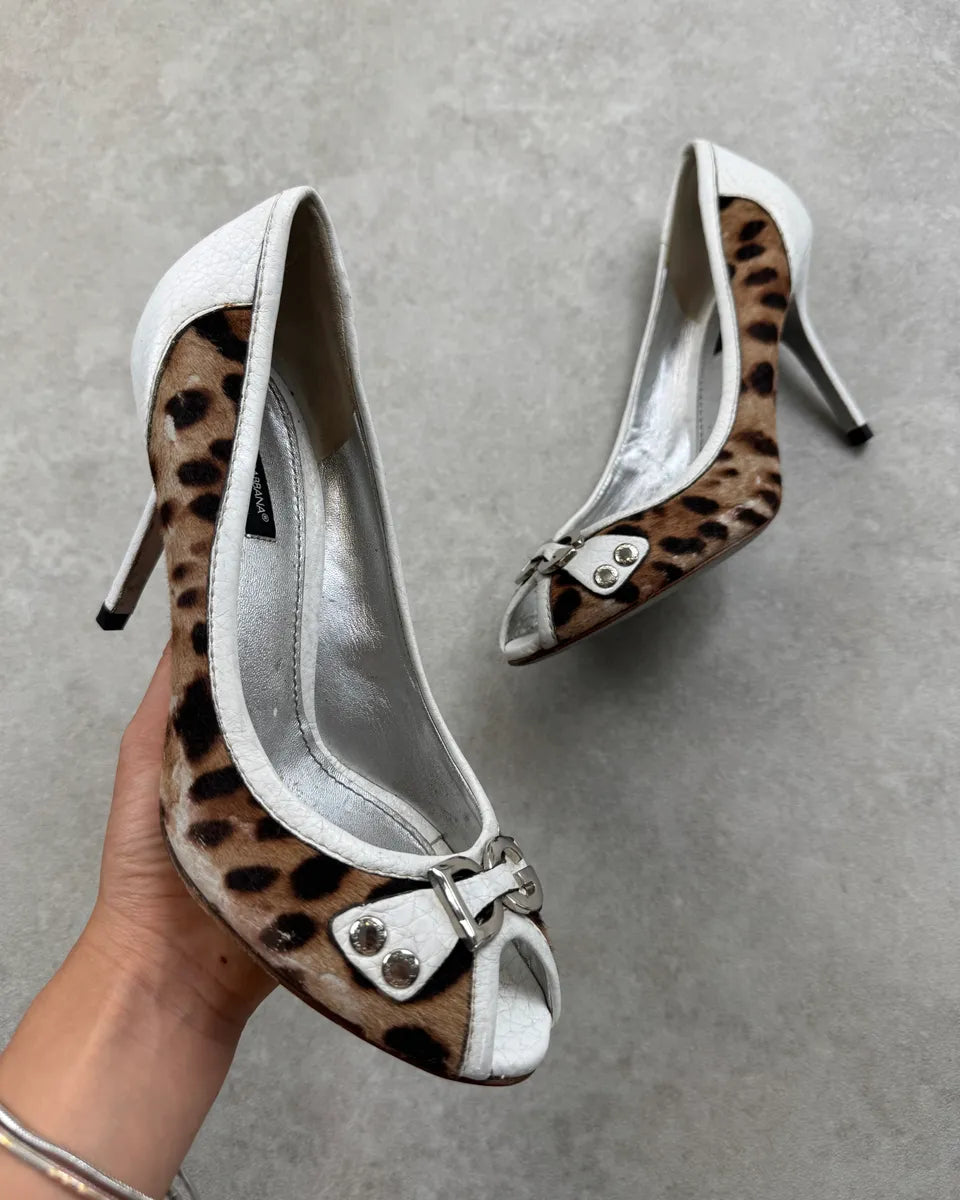 SS2003 Dolce & Gabbana White Leather Leopard Heels kXQzuzS 0