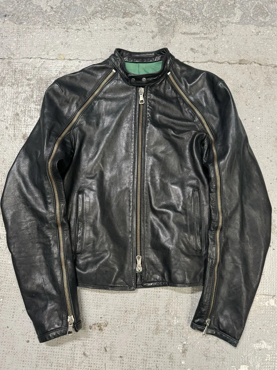 SS2003 Dsquared2 Full Arm Zip Black Biker Leather Jacket (S) auRzSYX 0