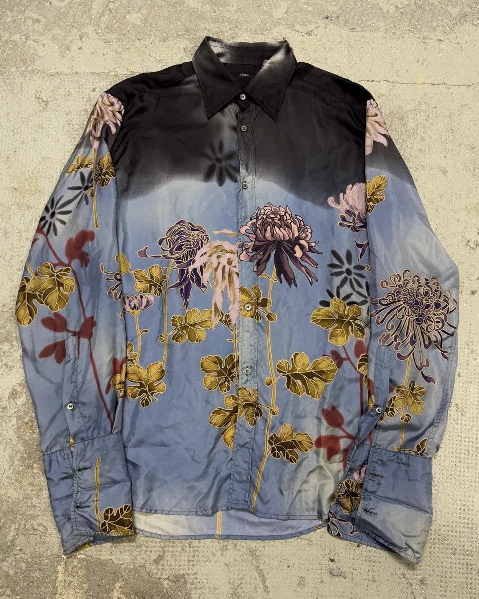 SS2001 Gucci by Tom Ford Blue Floral Silk Button Up Long Sleeve Shirt tnnKgUL 0