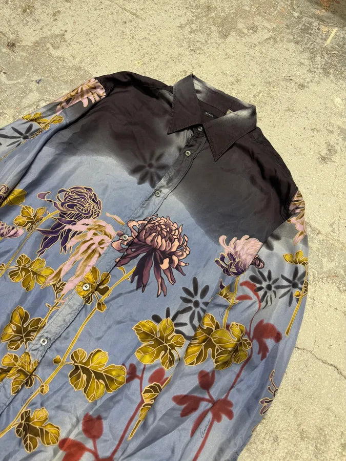 SS2001 Gucci by Tom Ford Blue Floral Silk Button Up Long Sleeve Shirt tnnKgUL 2