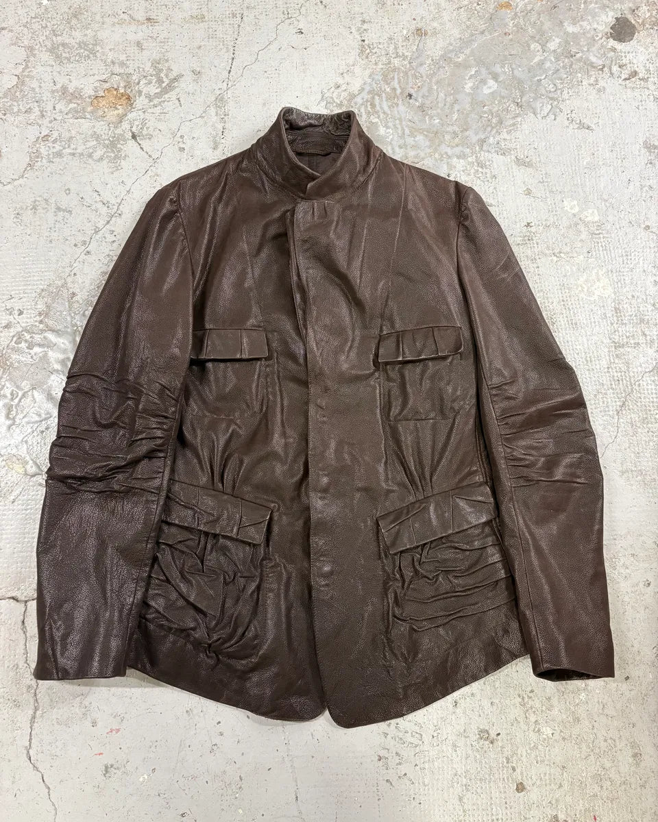 AW2002 Marithé + François Girbaud Pleats Brown Leather Avant-Garde Blazer Jacket RTovzuY 0