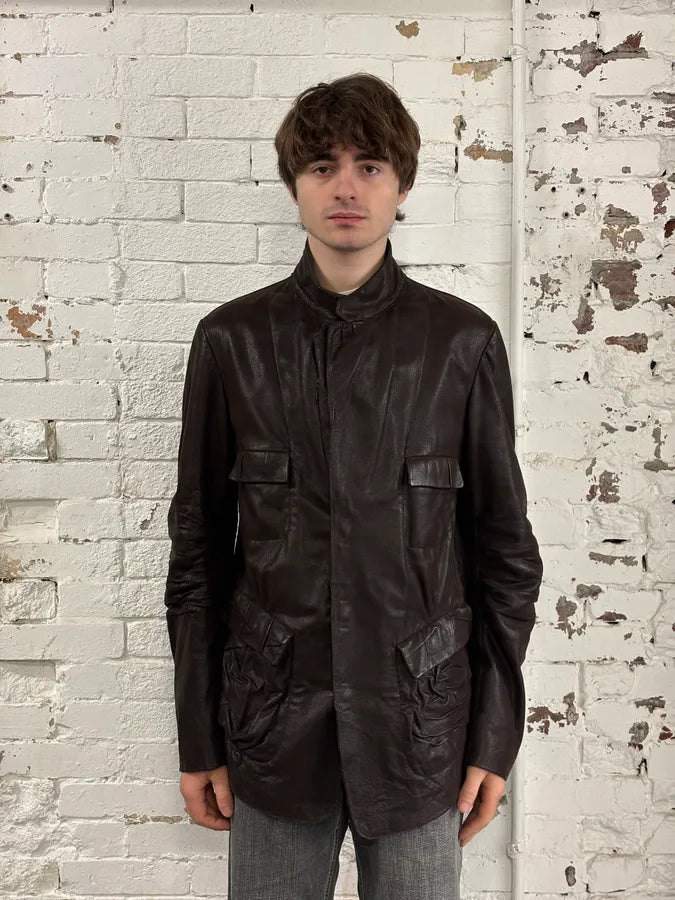 AW2002 Marithé + François Girbaud Pleats Brown Leather Avant-Garde Blazer Jacket RTovzuY 1