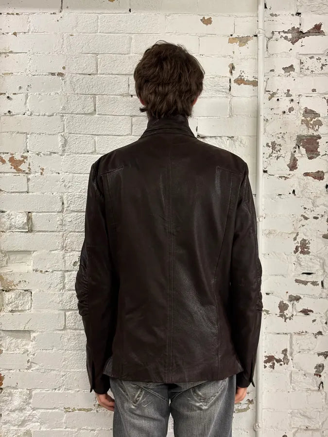 SS2003 Marithé + François Girbaud Pleats Brown Leather Avant-Garde Blazer Jacket RTovzuY 2