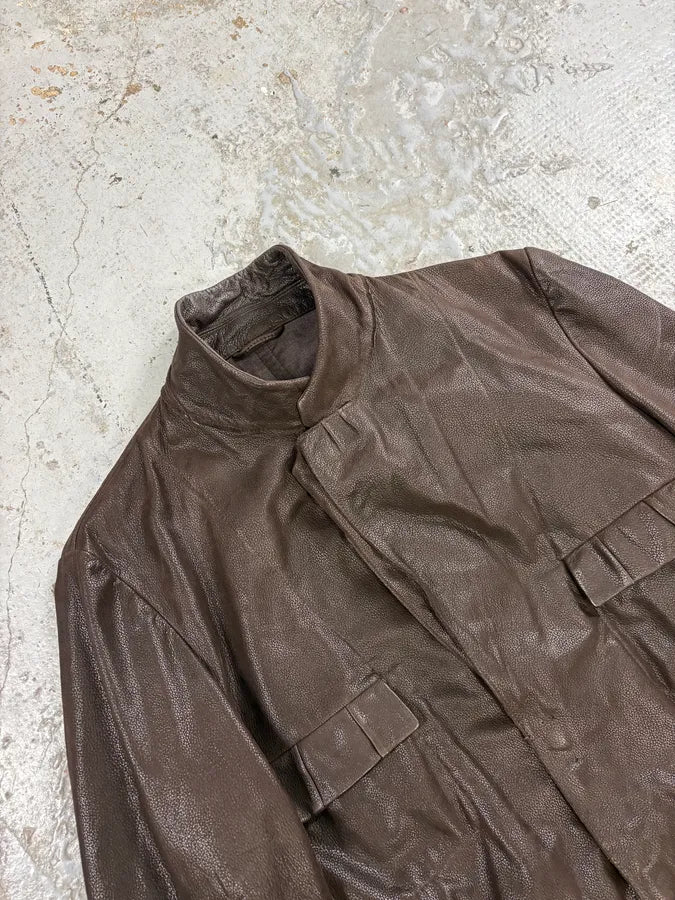 SS2003 Marithé + François Girbaud Pleats Brown Leather Avant-Garde Blazer Jacket RTovzuY 4