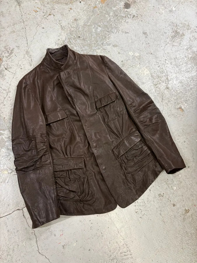 SS2003 Marithé + François Girbaud Pleats Brown Leather Avant-Garde Blazer Jacket RTovzuY 3