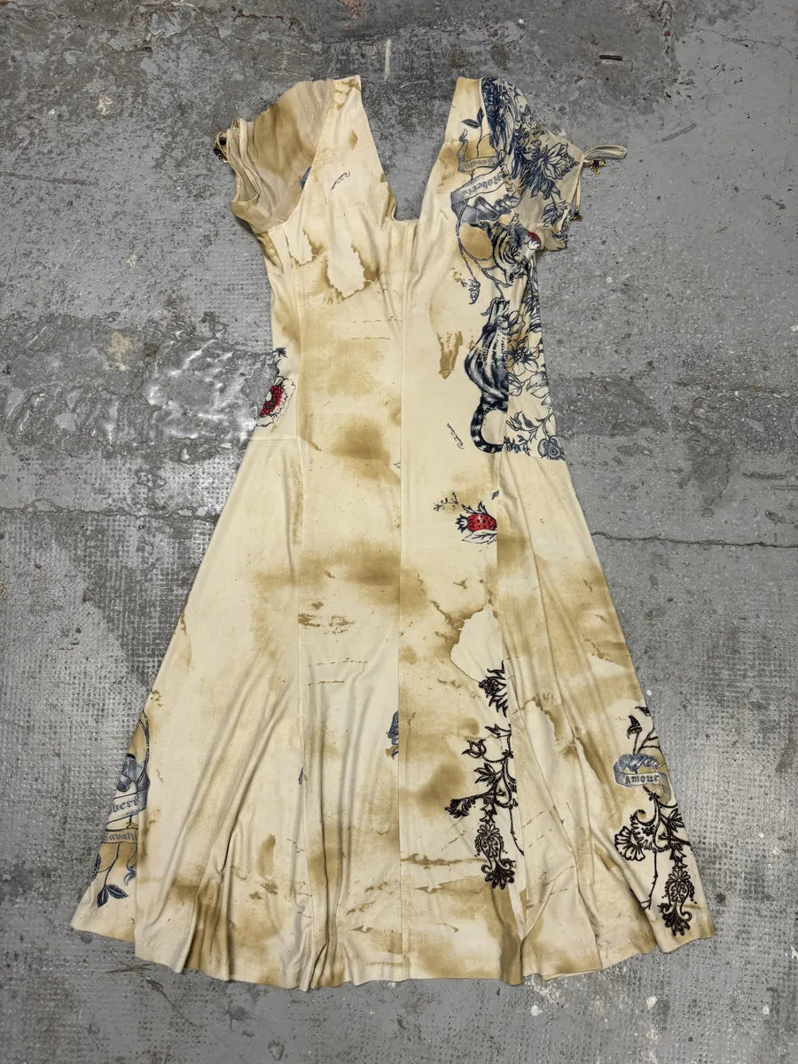 SS2003 Roberto Cavalli Beige Silk Tattoo Dress KbpIxbs 1
