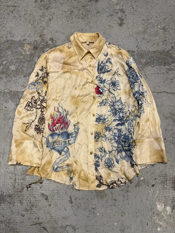 SS2003 Roberto Cavalli Beige Tattoo Flowers Shirt owvnZVD 0