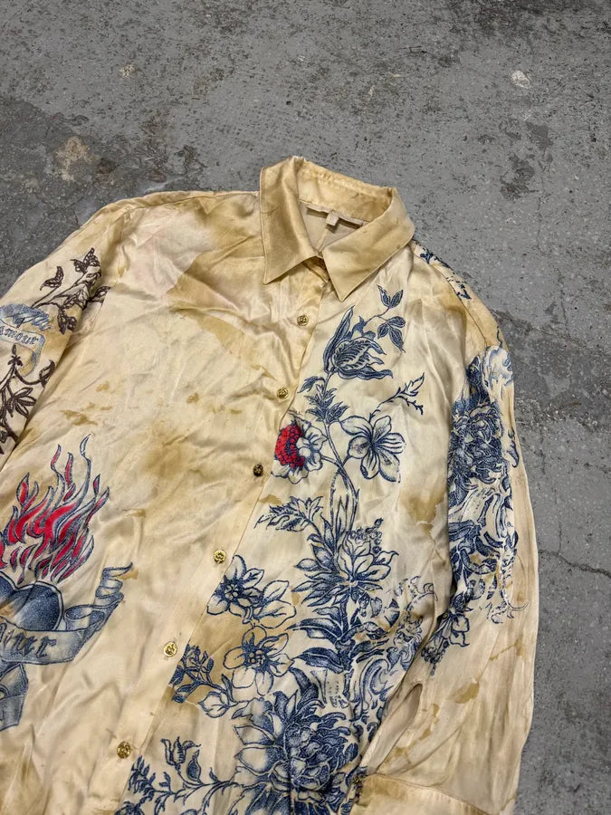 SS2003 Roberto Cavalli Beige Tattoo Flowers Shirt owvnZVD 1