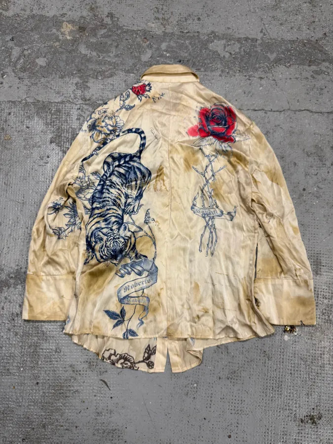 SS2003 Roberto Cavalli Beige Tattoo Flowers Shirt owvnZVD 2