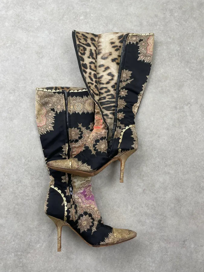 SS2003 Roberto Cavalli Embroidered Chinese Heels Boots XmGHaPU 3