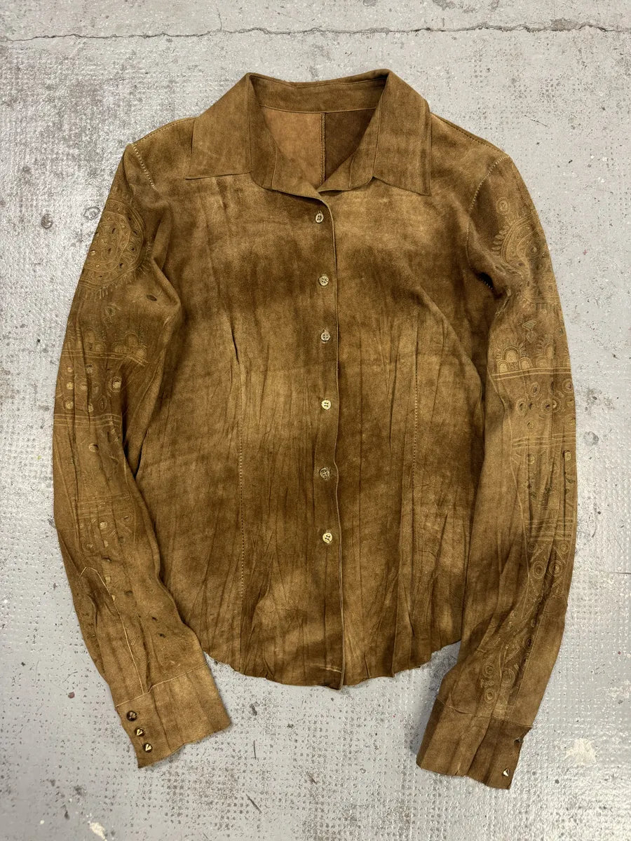 SS2003 Roberto Cavalli Pleats Ancient Beige Leather Shirt lJWXCEZ 0