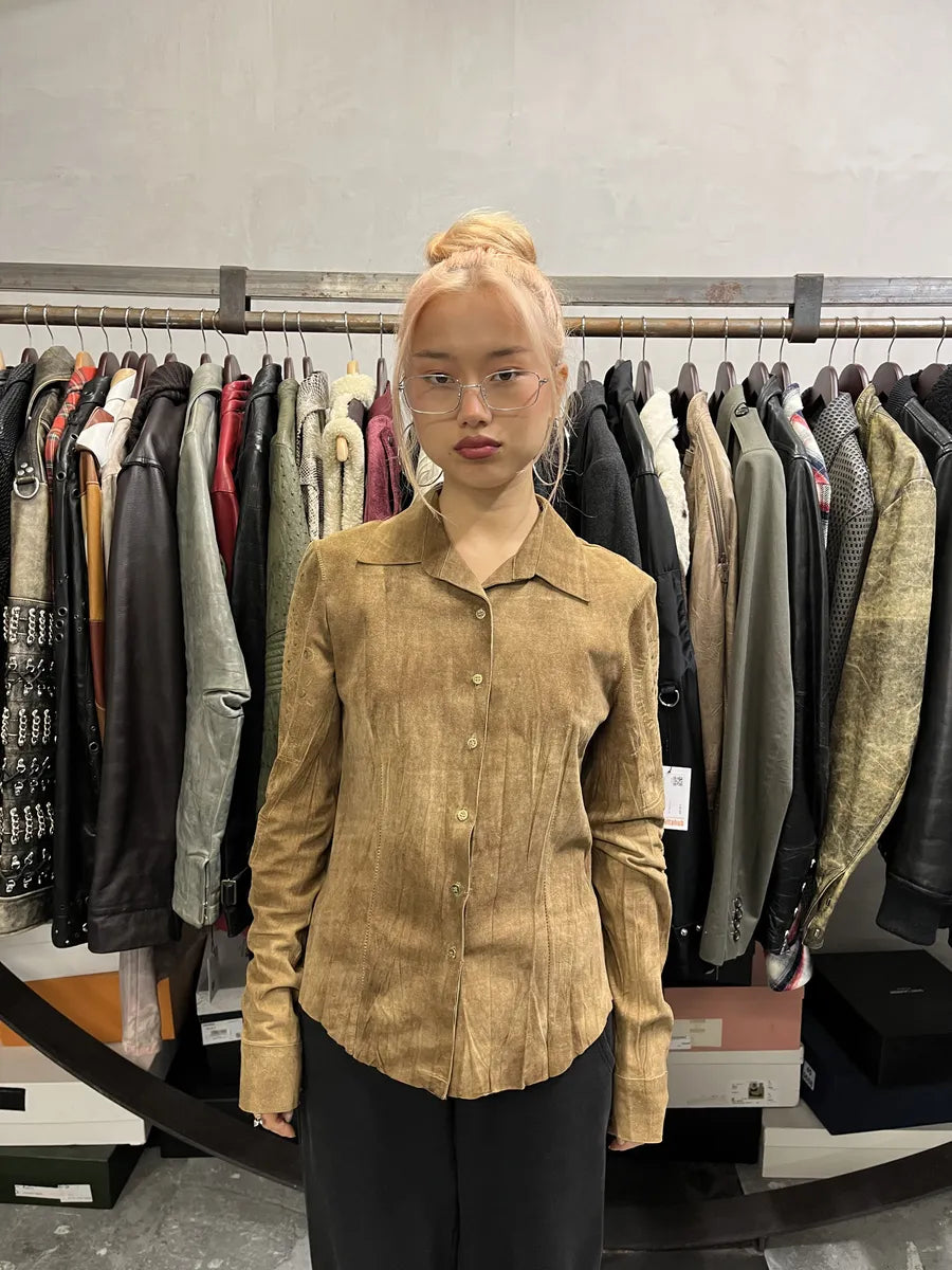 SS2003 Roberto Cavalli Pleats Ancient Beige Leather Shirt lJWXCEZ 1