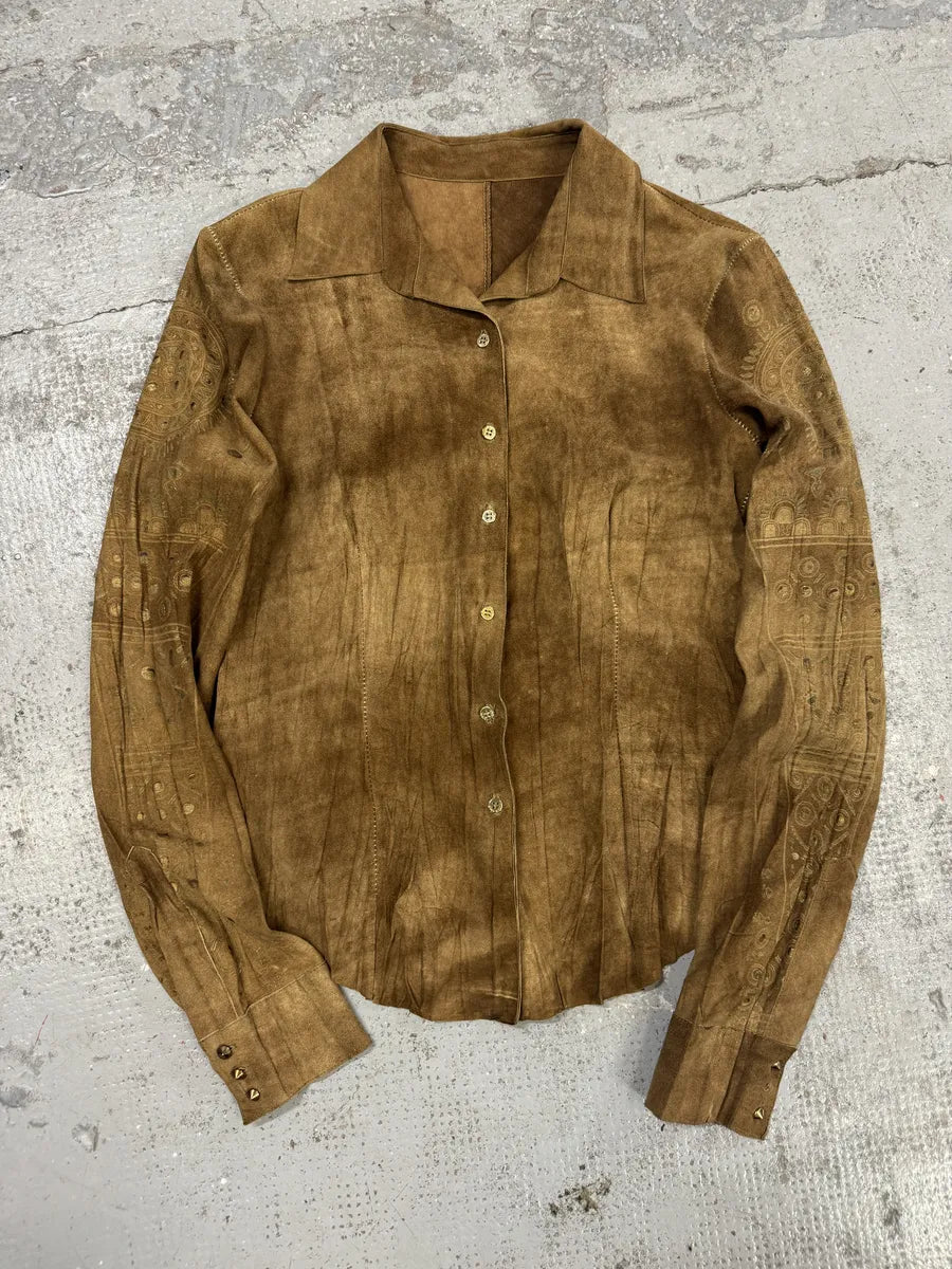 SS2003 Roberto Cavalli Pleats Ancient Beige Leather Shirt lJWXCEZ 4