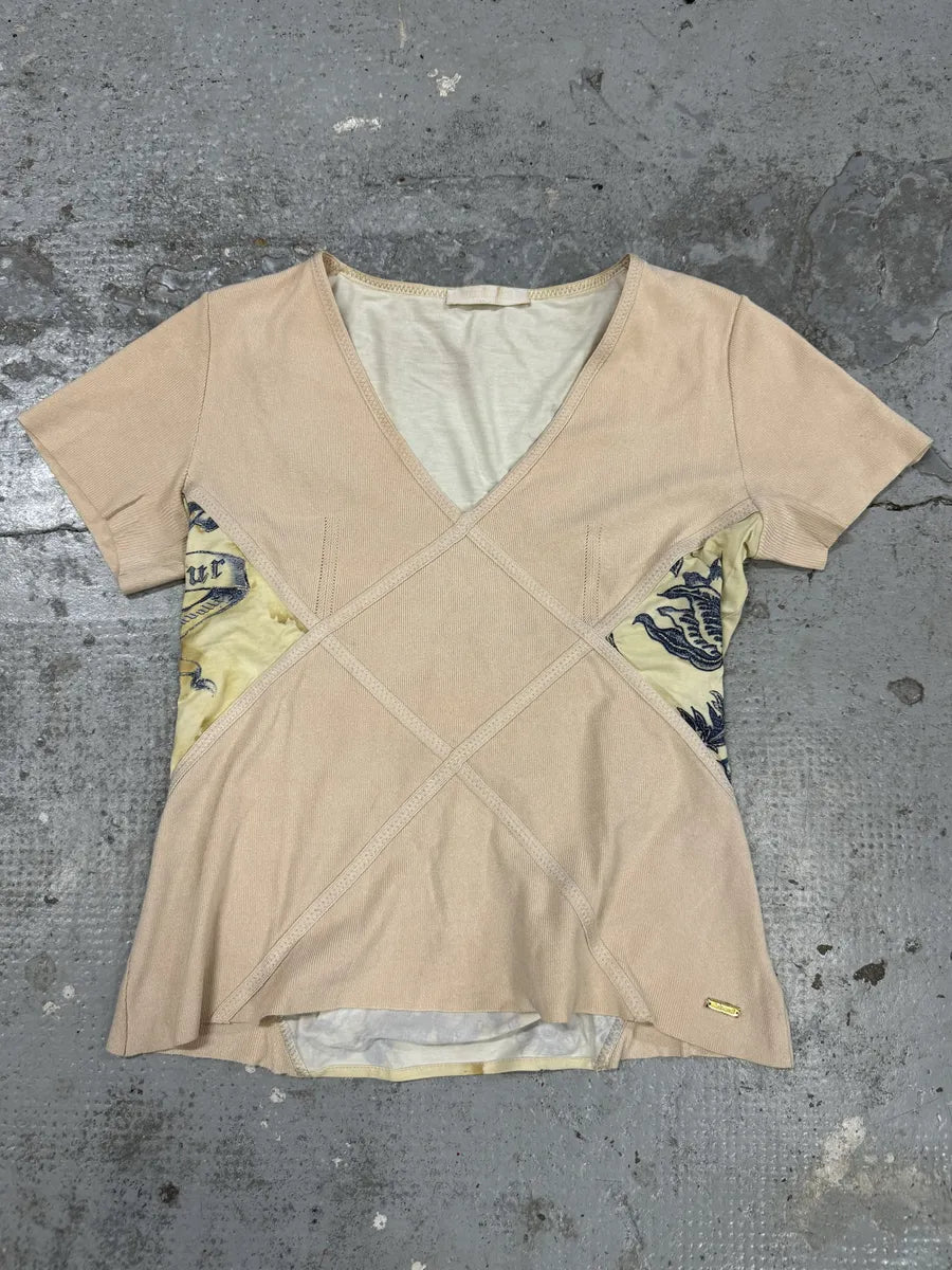 SS2003 Roberto Cavalli Tattoo Silk Rose Creamy T-Shirt wmnwDxW 2