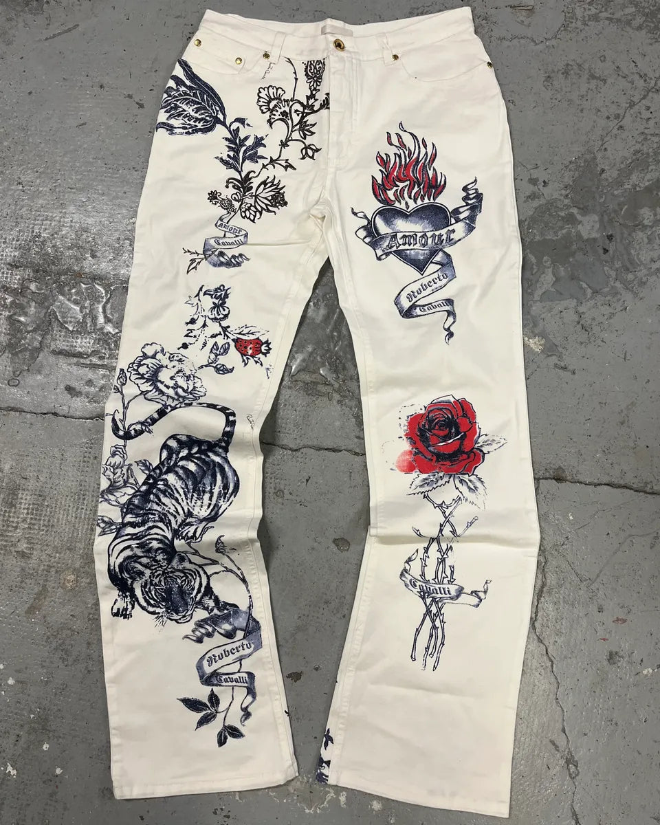 SS2003 Roberto Cavalli White Tattoo Pants yHNsbua 0