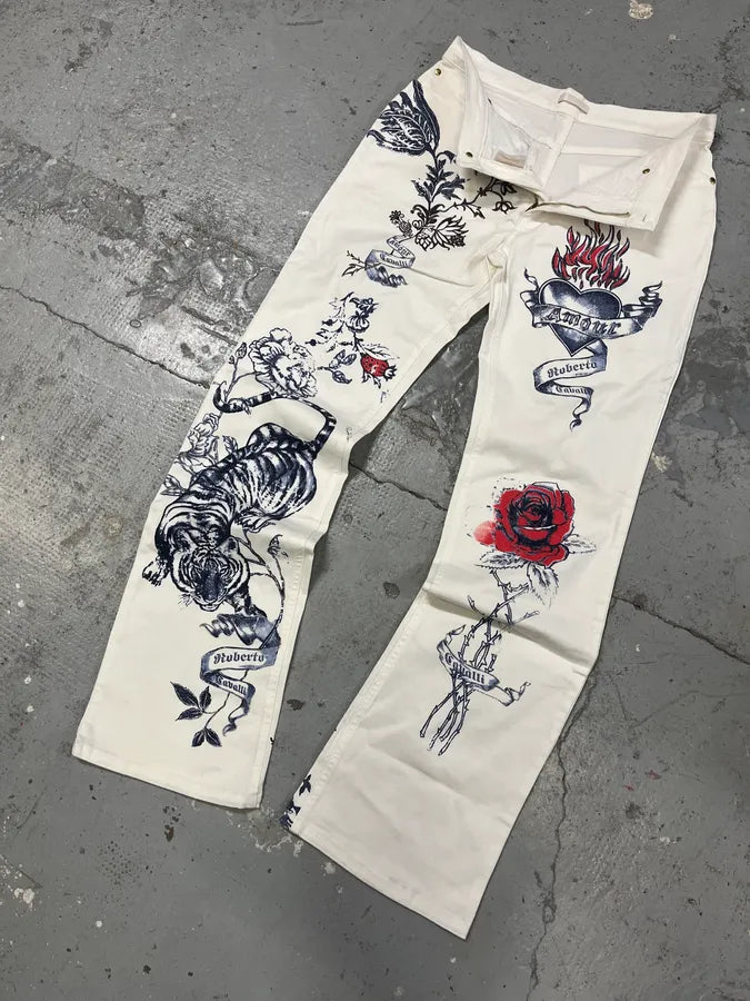 SS2003 Roberto Cavalli White Tattoo Pants yHNsbua 5
