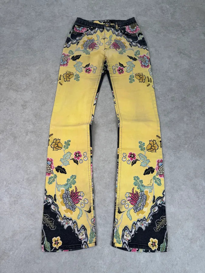 SS2003 Roberto Cavalli Yellow Asian Floral Print Pants rJKDKGv 0