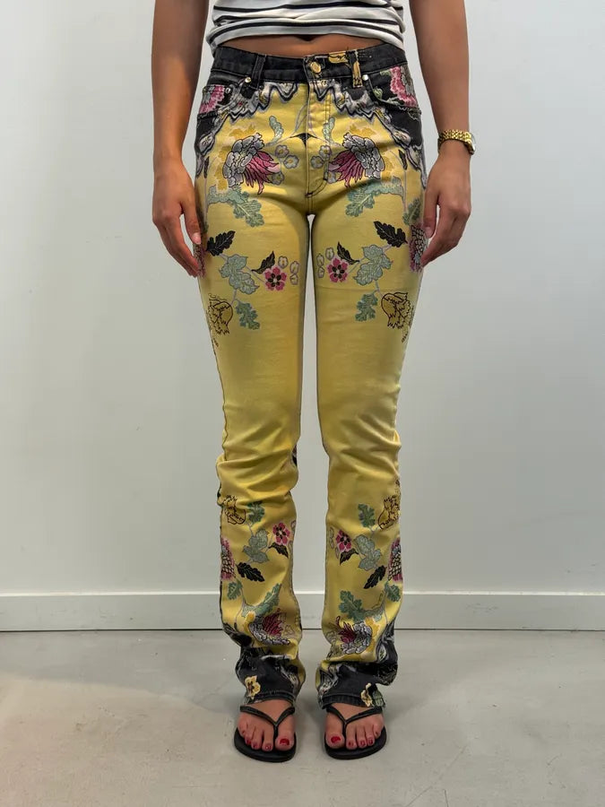 SS2003 Roberto Cavalli Yellow Asian Floral Print Pants rJKDKGv 1