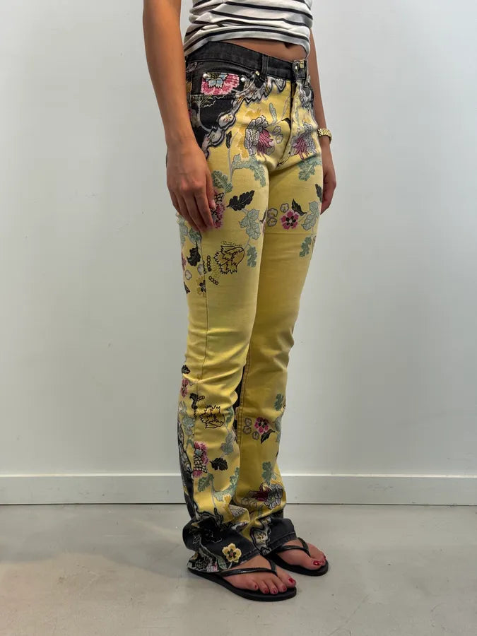 SS2003 Roberto Cavalli Yellow Asian Floral Print Pants rJKDKGv 4