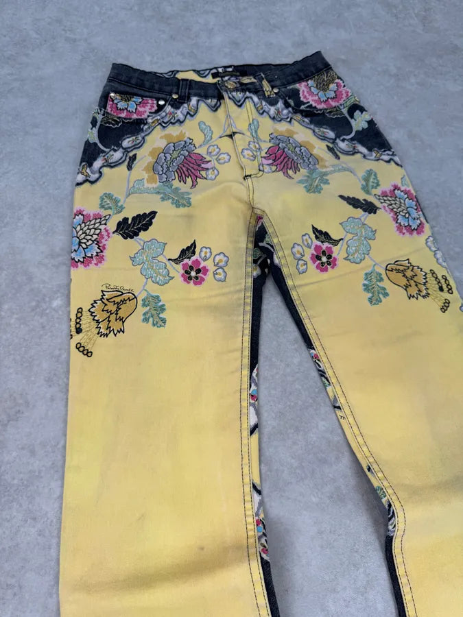 SS2003 Roberto Cavalli Yellow Asian Floral Print Pants rJKDKGv 8