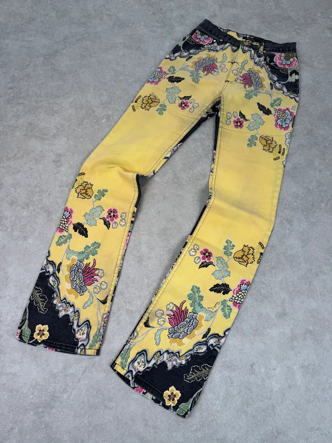 SS2003 Roberto Cavalli Yellow Asian Floral Print Pants rJKDKGv 9