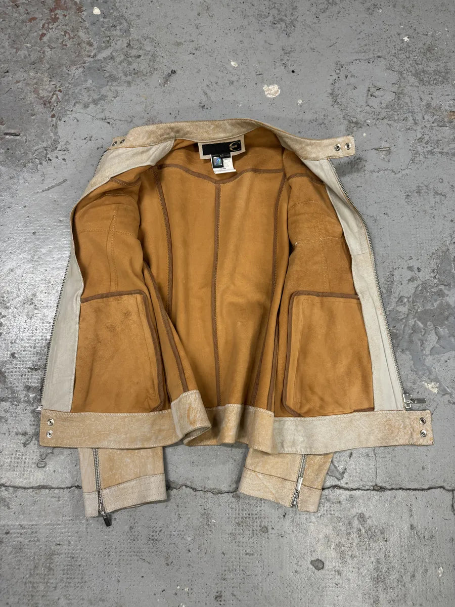 SS2004 Cavalli Beige Symmetrical Biker Leather Jacket iFVbJdj 1