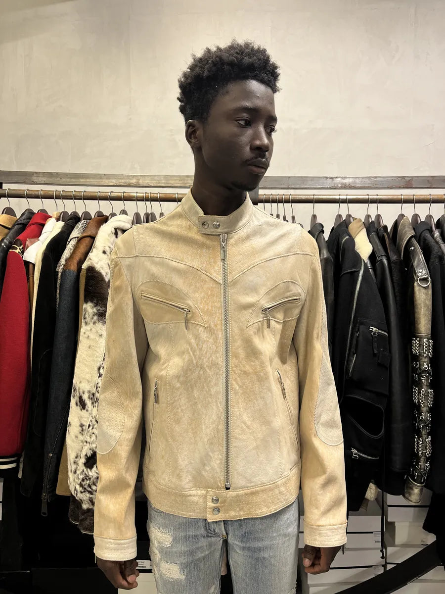 SS2004 Cavalli Beige Symmetrical Biker Leather Jacket iFVbJdj 2