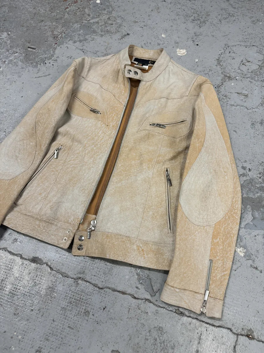 SS2004 Cavalli Beige Symmetrical Biker Leather Jacket iFVbJdj 5