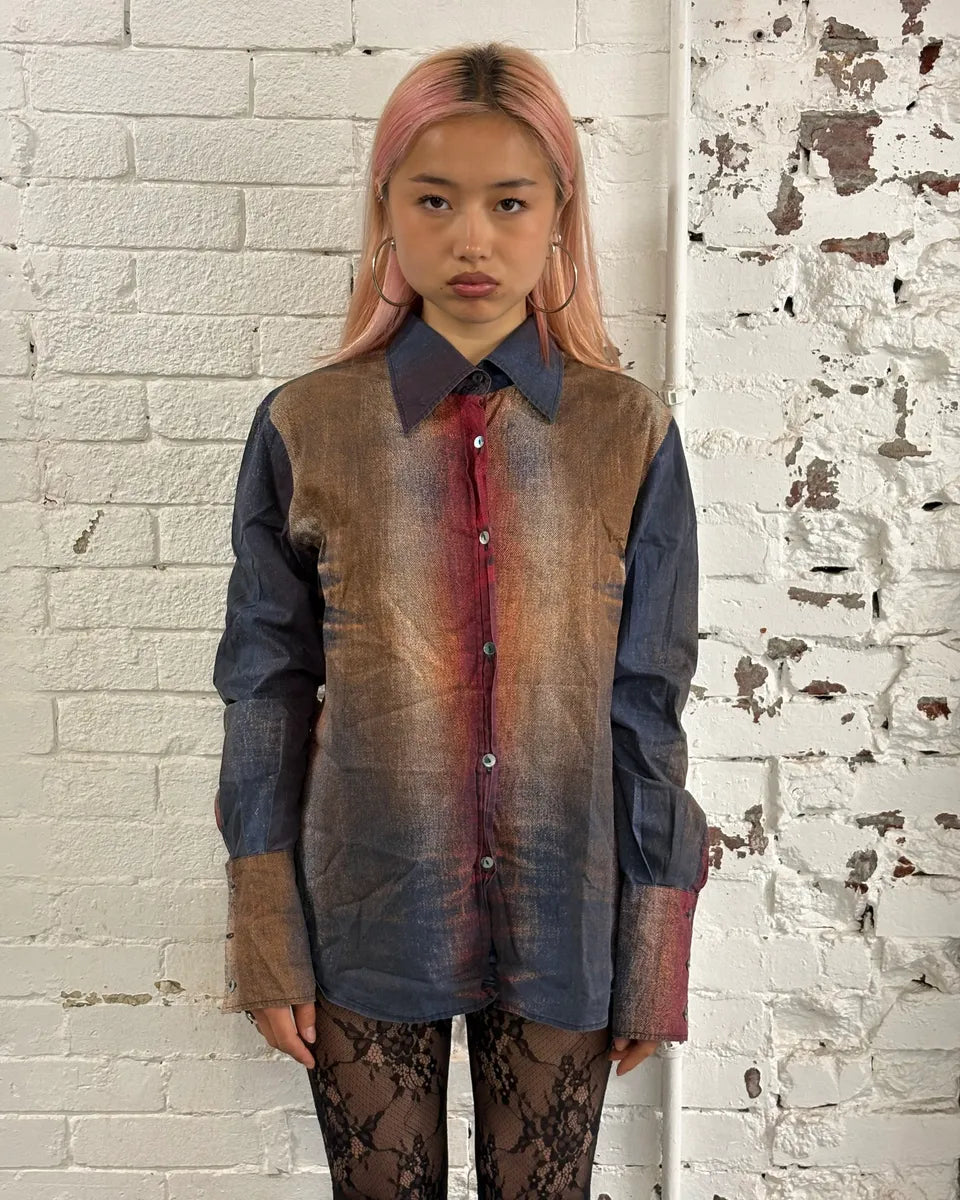 SS2004 Cavalli Bordeaux & Blue Sunset Faded Shirt BNbTKsf 1