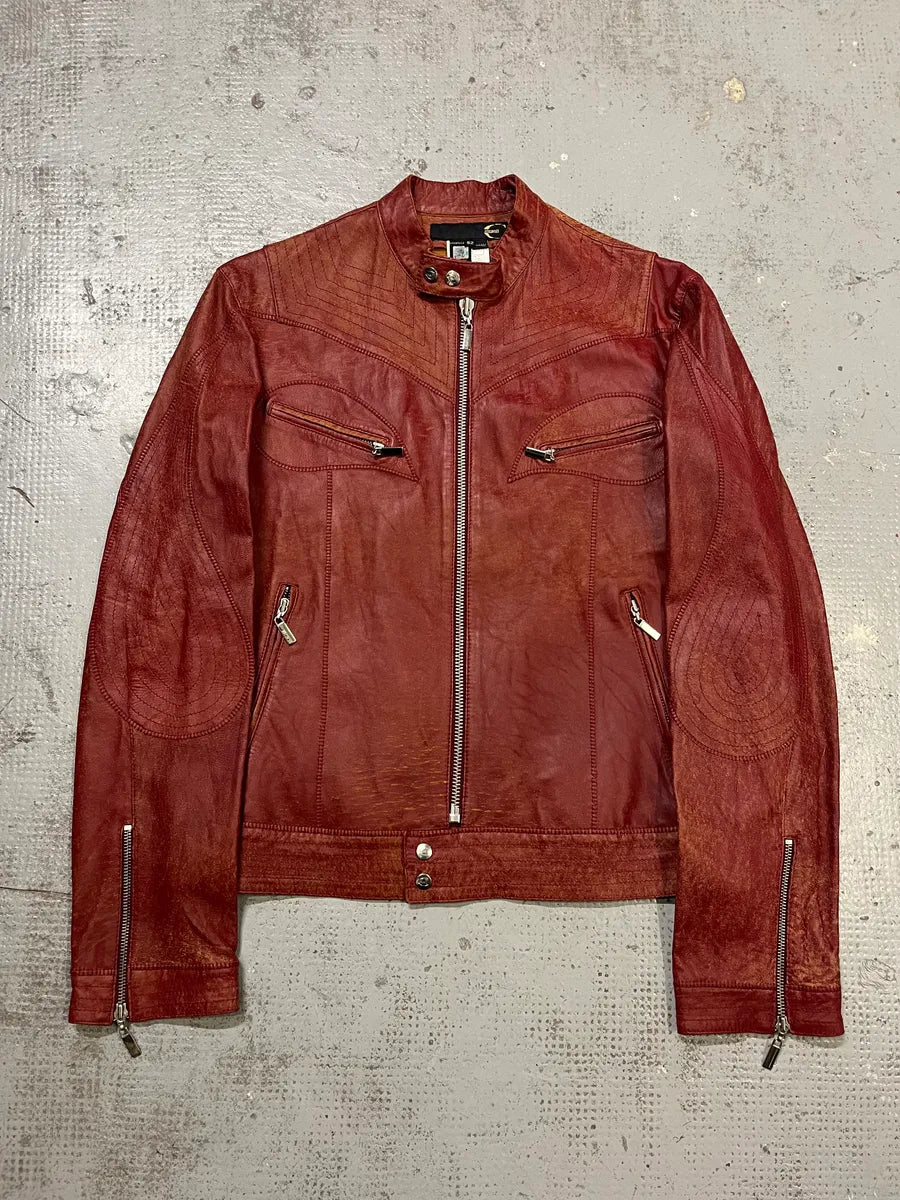 SS2004 Cavalli Red Magma Faded Biker Leather Jacket fEOAoAr 0