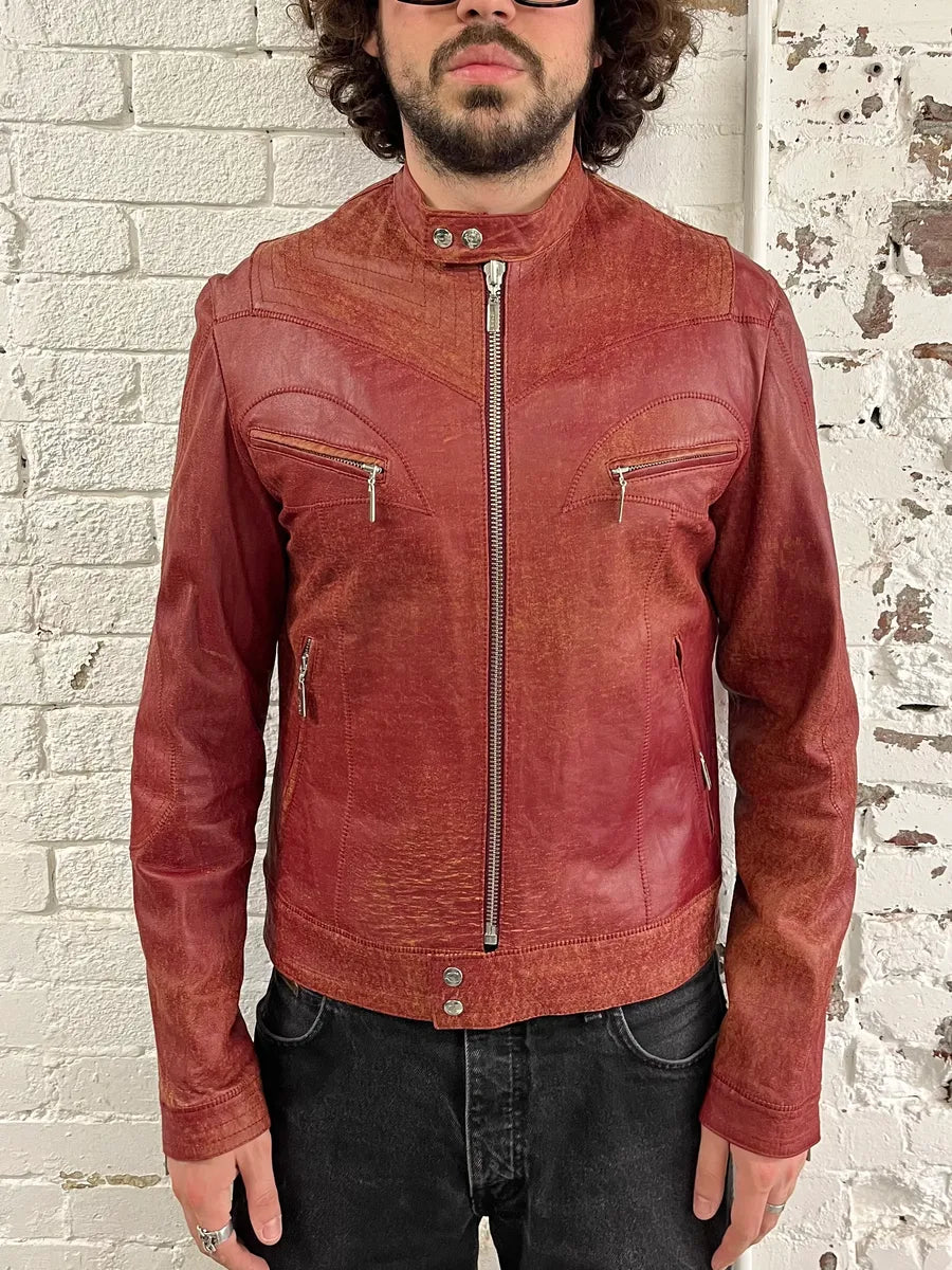 SS2004 Cavalli Red Magma Faded Biker Leather Jacket fEOAoAr 1