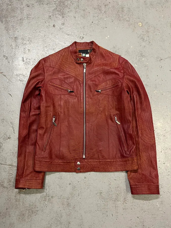 SS2004 Cavalli Red Magma Faded Biker Leather Jacket fEOAoAr 3