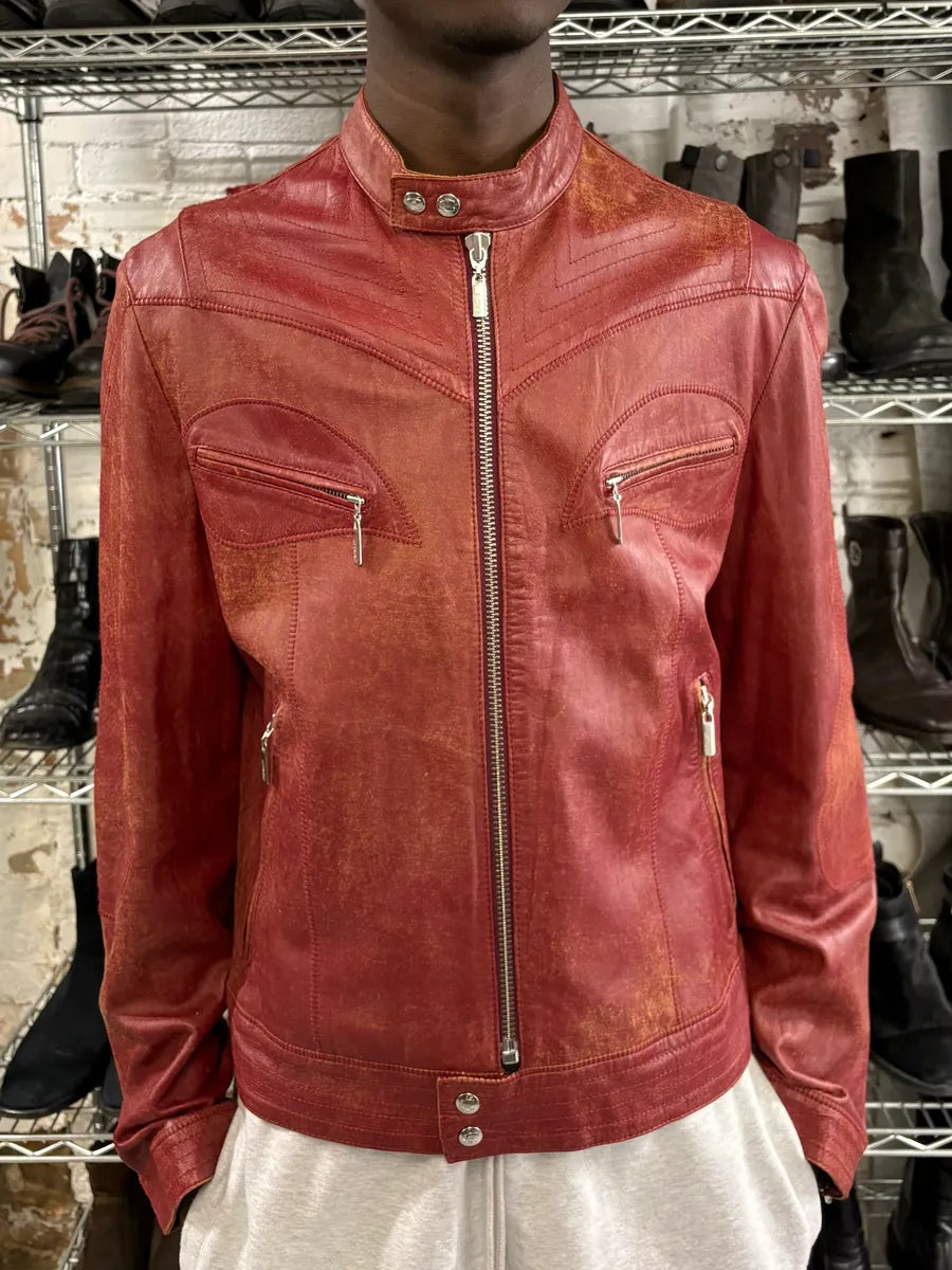 SS2004 Cavalli Red Sexy Biker Conceptual Eroded Leather Jacket wdRColP 1