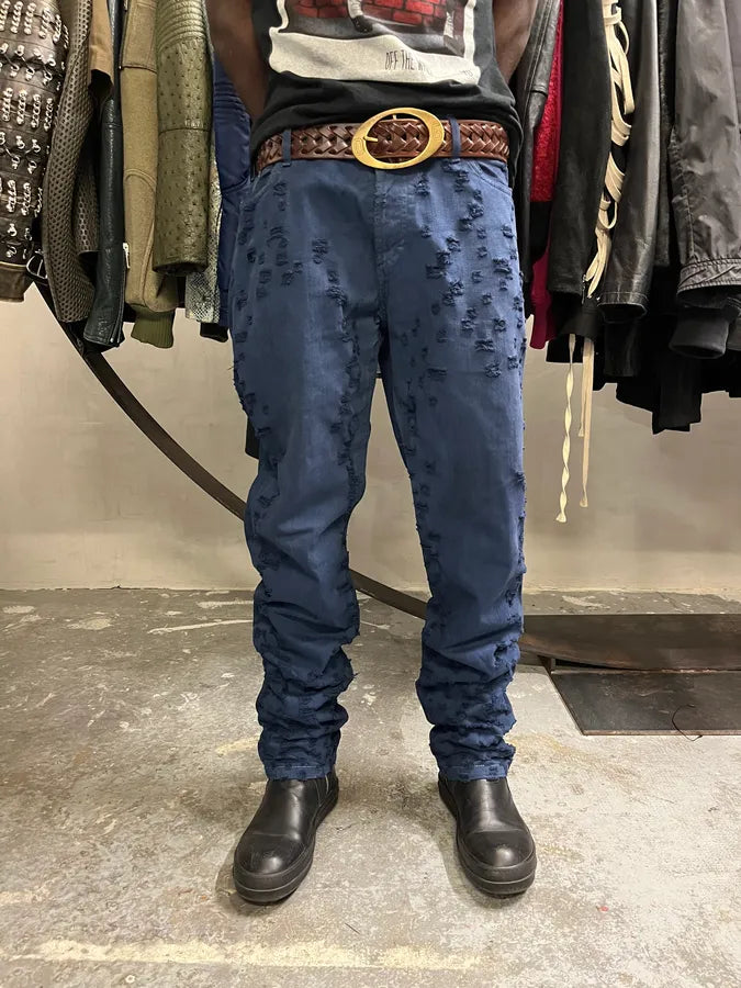 SS2004 Cavalli Scratched Distressed Navy Pants JMeVNnW 3