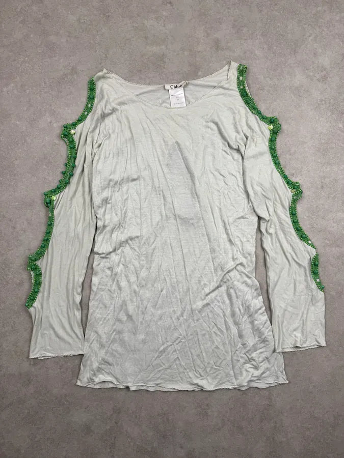 SS2004 Chloé Cream Linen Beaded Cutout Dress KfzWzPi 0